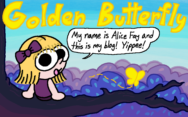 A drawing of my cartoon character Alice Fay wearing a purple bow and shirt sitting on top of a dark indigo bough. 
				She's high in the sky above the tufts various blue and light purple trees. A golden butterfly flutters in the foreground.
